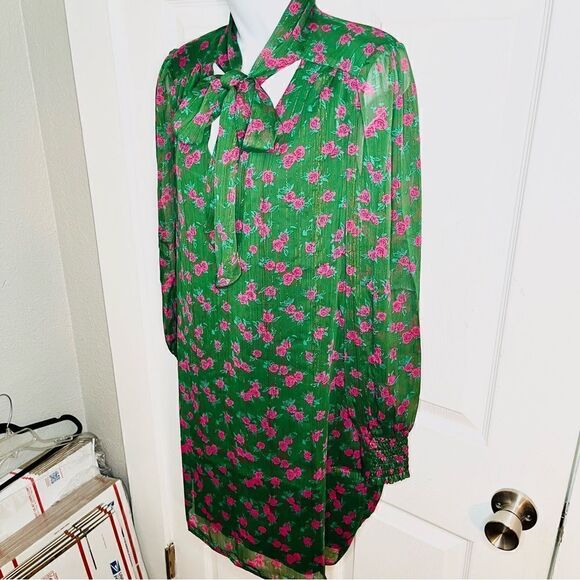 Modcloth Winter Blooming Roses Dress Tie Neck Shift Green Pink Floral S NWT - Picture 8 of 13